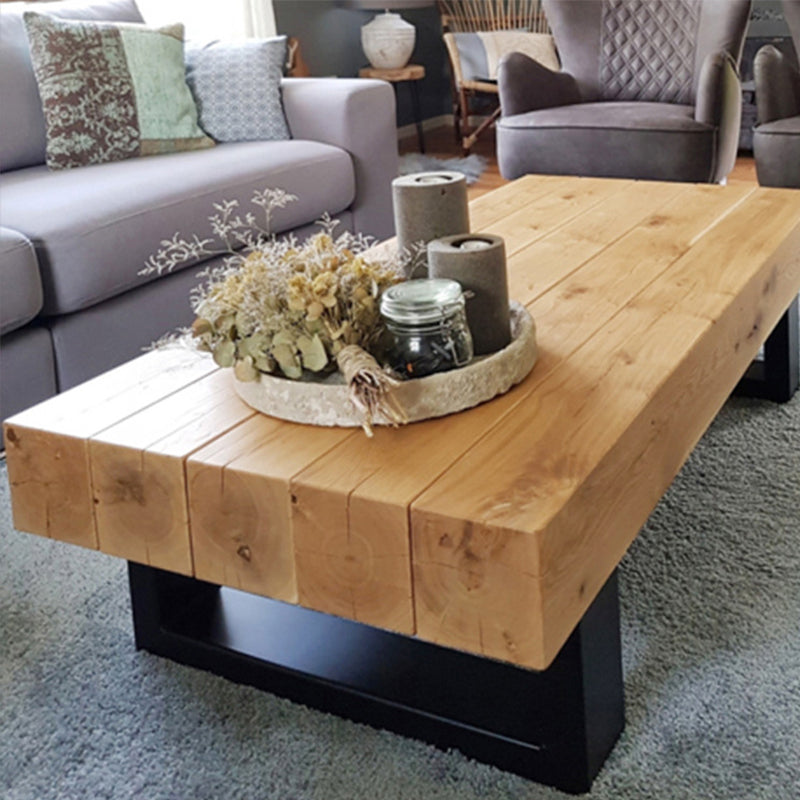Solid Wood Coffee Table with Metal Sled Legs for Living Room