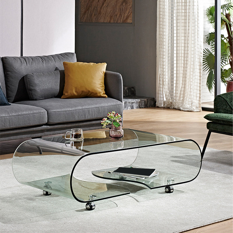 Modern Style Glass Top Coffee Cocktail Table with Storage Shelf