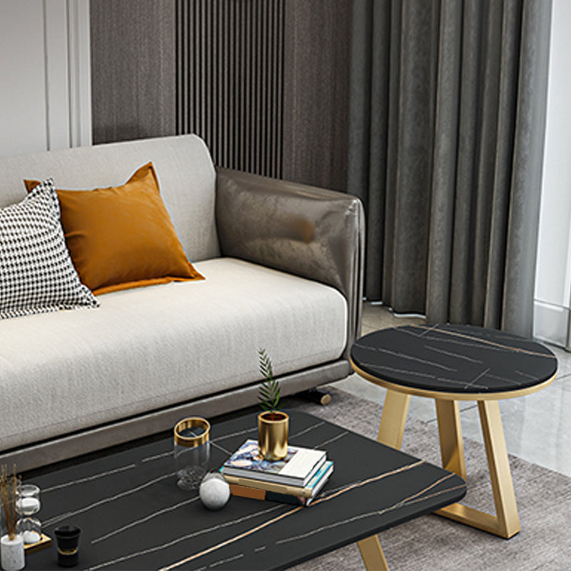 Glam Rectangle Stone Top Coffee Table with Iron Legs Cocktail Table