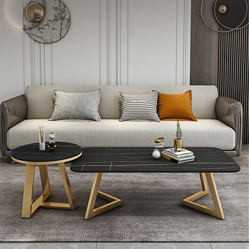 Glam Rectangle Stone Top Coffee Table with Iron Legs Cocktail Table