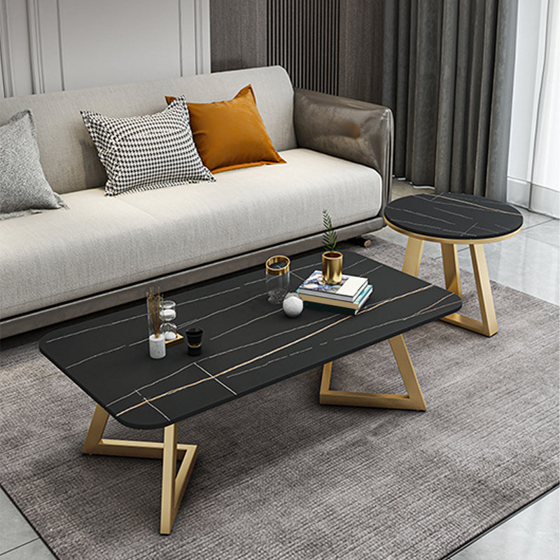Glam Rectangle Stone Top Coffee Table with Iron Legs Cocktail Table