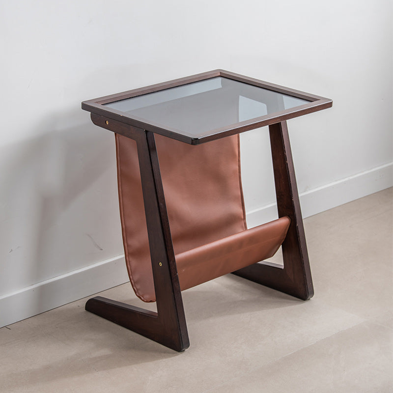Modern Rectangle Glass Top Side Table Wood Abstract base End Table with Magazine Holder
