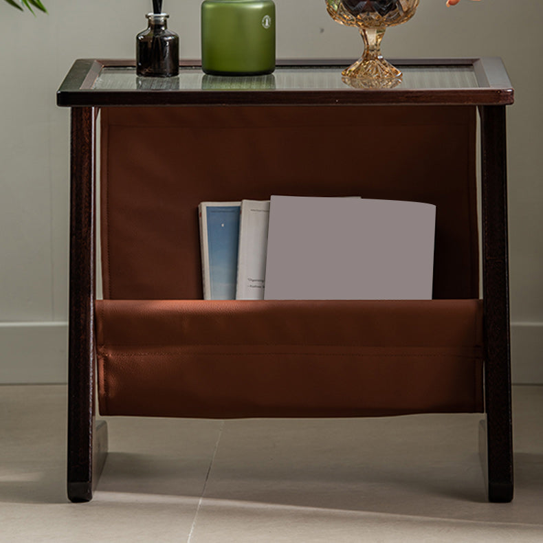 Modern Rectangle Glass Top Side Table Wood Abstract base End Table with Magazine Holder