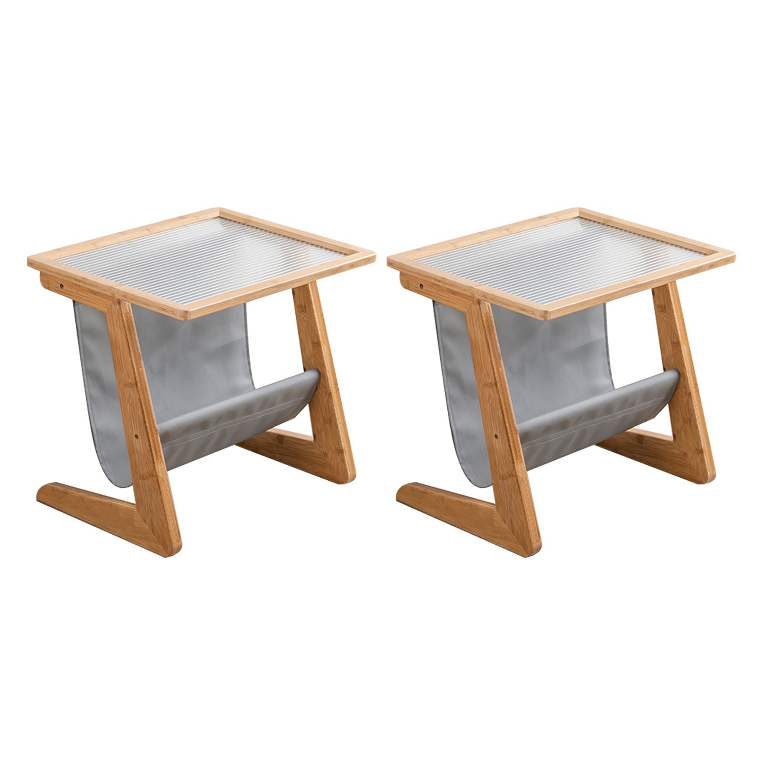 Modern Rectangle Glass Top Side Table Wood Abstract base End Table with Magazine Holder
