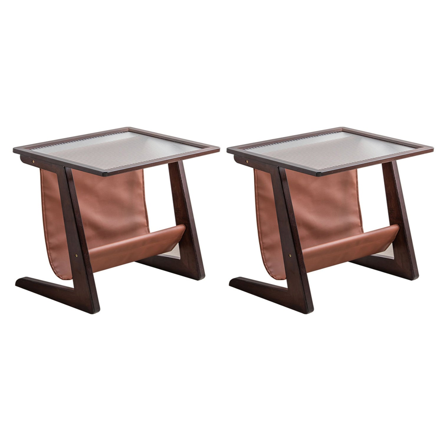 Modern Rectangle Glass Top Side Table Wood Abstract base End Table with Magazine Holder