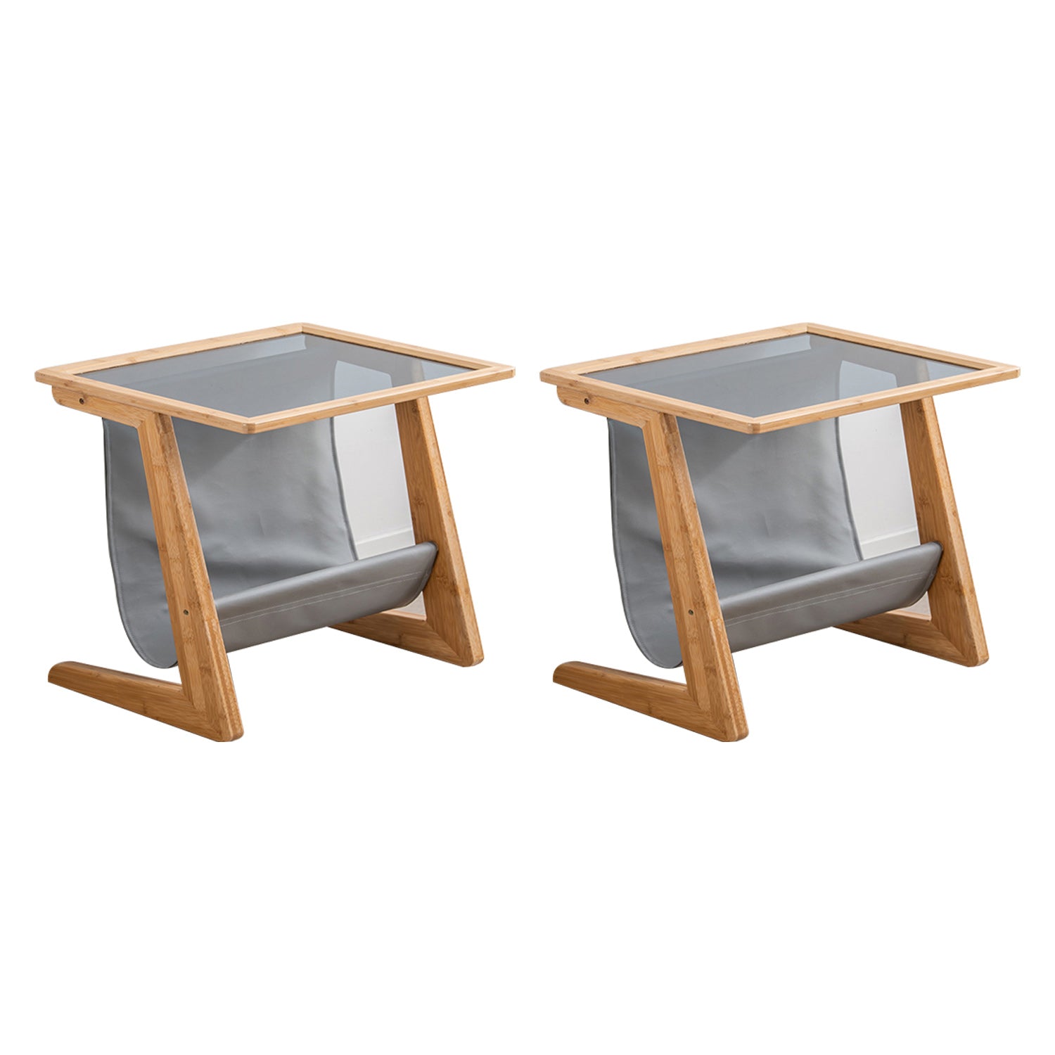 Modern Rectangle Glass Top Side Table Wood Abstract base End Table with Magazine Holder