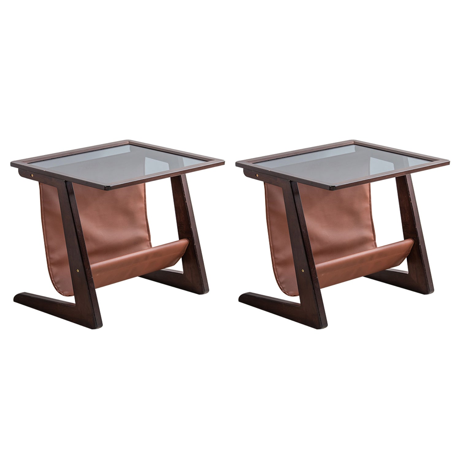 Modern Rectangle Glass Top Side Table Wood Abstract base End Table with Magazine Holder