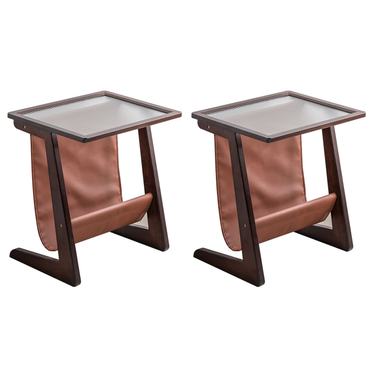 Modern Rectangle Glass Top Side Table Wood Abstract base End Table with Magazine Holder
