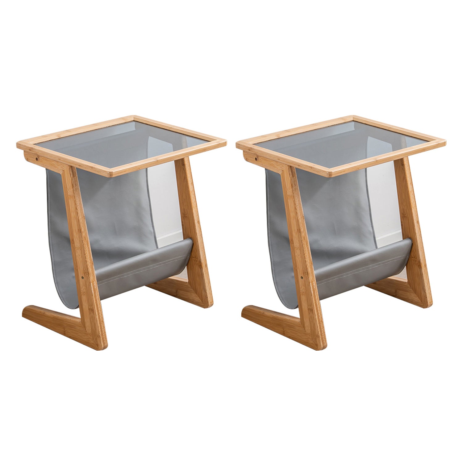 Modern Rectangle Glass Top Side Table Wood Abstract base End Table with Magazine Holder