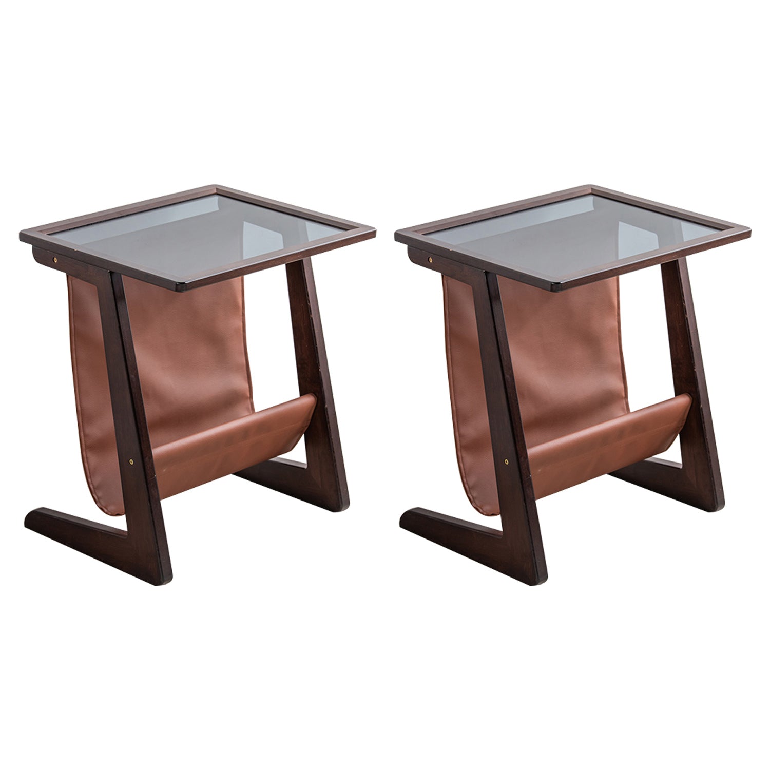 Modern Rectangle Glass Top Side Table Wood Abstract base End Table with Magazine Holder