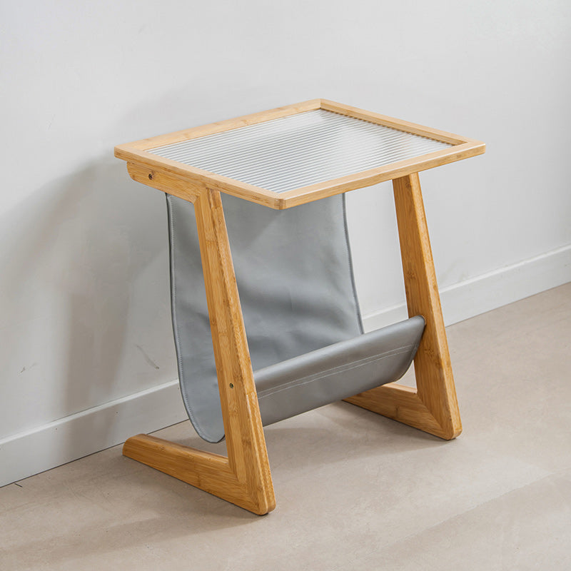 Modern Rectangle Glass Top Side Table Wood Abstract base End Table with Magazine Holder