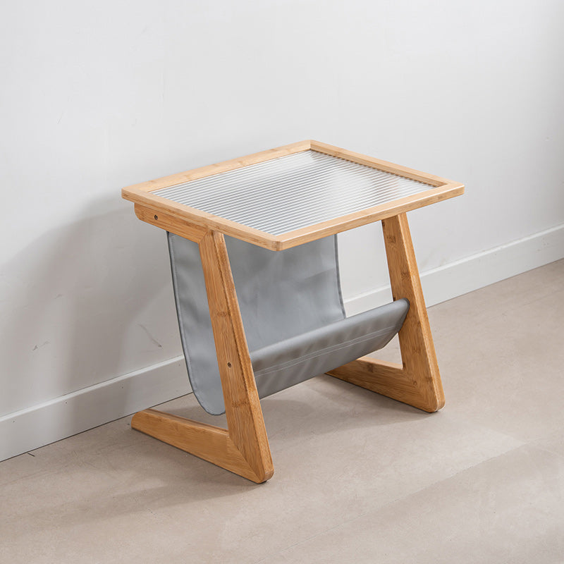 Modern Rectangle Glass Top Side Table Wood Abstract base End Table with Magazine Holder