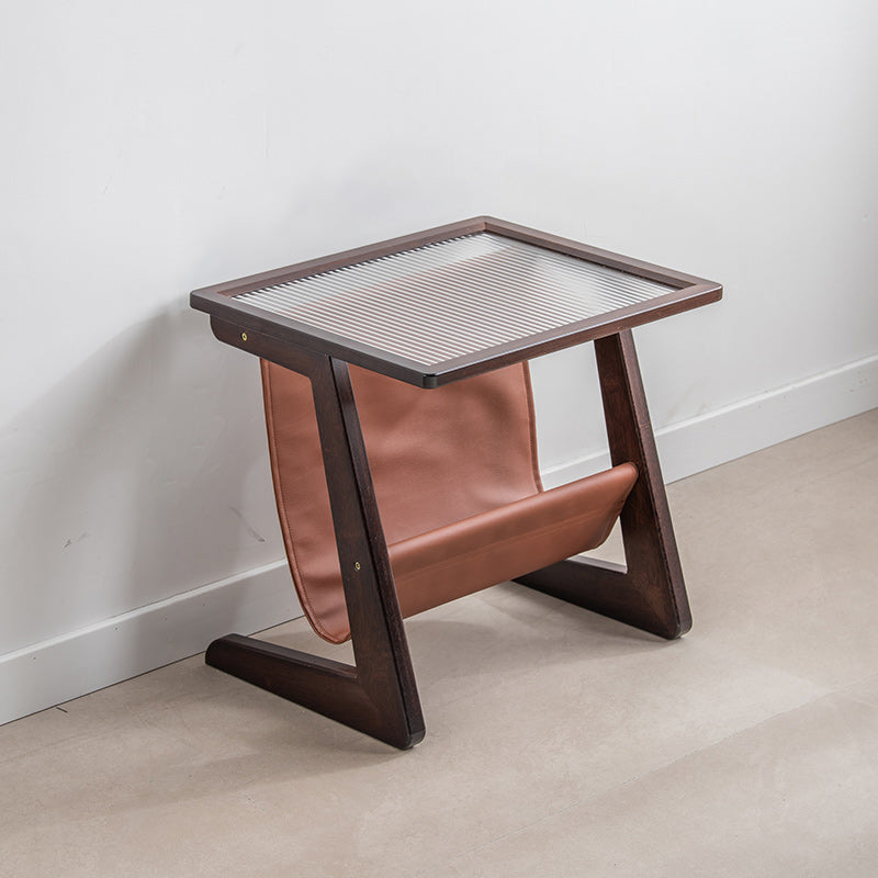 Modern Rectangle Glass Top Side Table Wood Abstract base End Table with Magazine Holder