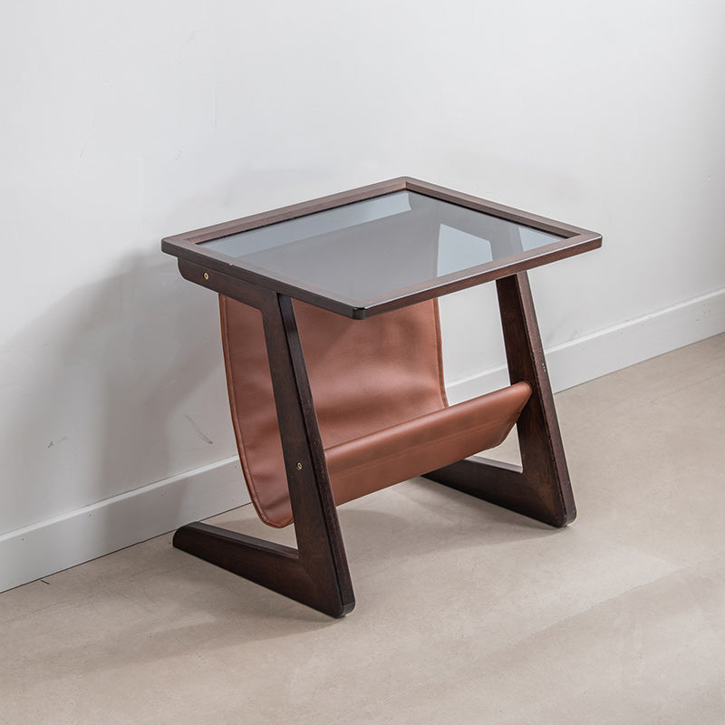 Modern Rectangle Glass Top Side Table Wood Abstract base End Table with Magazine Holder