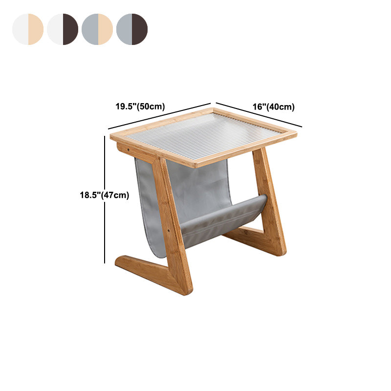 Modern Rectangle Glass Top Side Table Wood Abstract base End Table with Magazine Holder