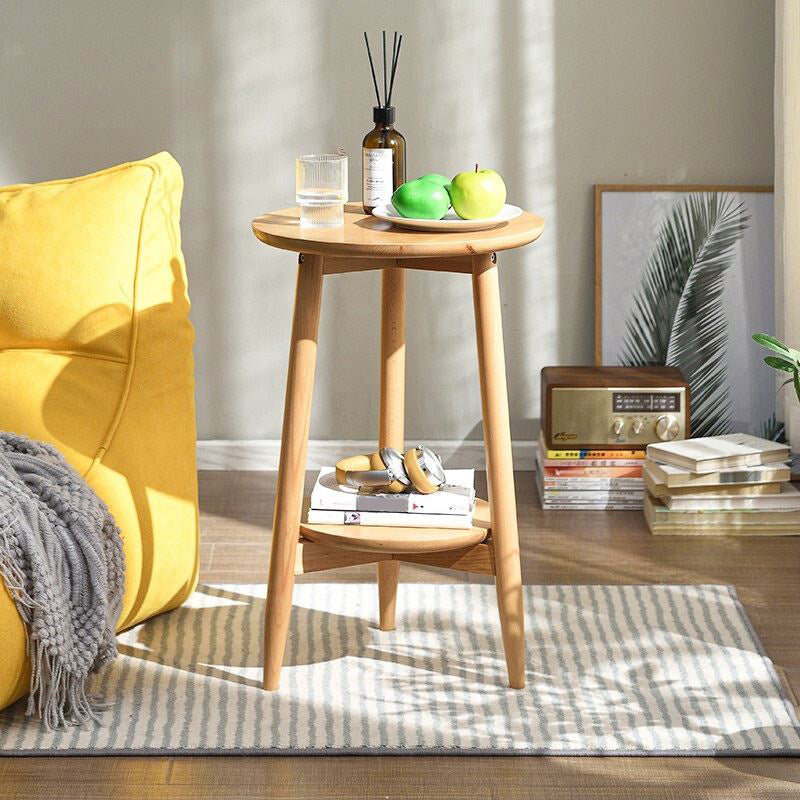 Solid Wood Round Top Side Table 23.6" Tall 3 Legs End Table with Shelf