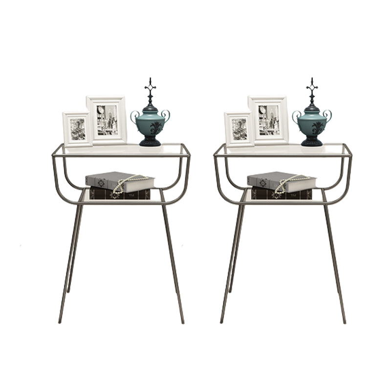 Modern Rectangle Glass Top Side Table 23.6" Tall Iron 4 Legs End Table with Shelf