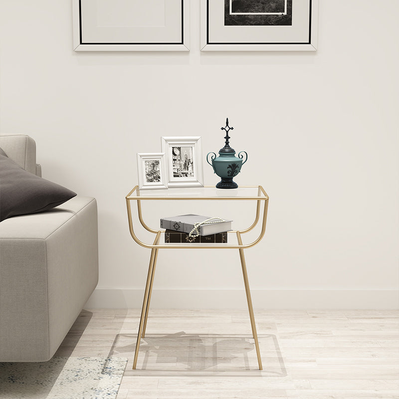 Modern Rectangle Glass Top Side Table 23.6" Tall Iron 4 Legs End Table with Shelf