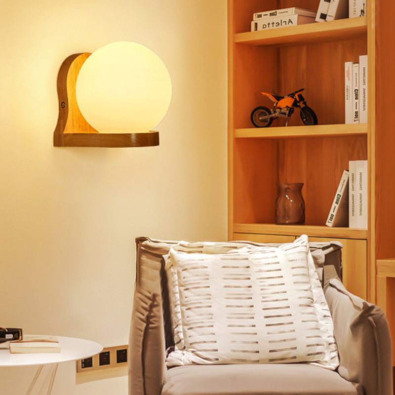 Nordic Wood Wall Light Globe 5.5" Wide Wall Sconce with White Glass for Bedroom