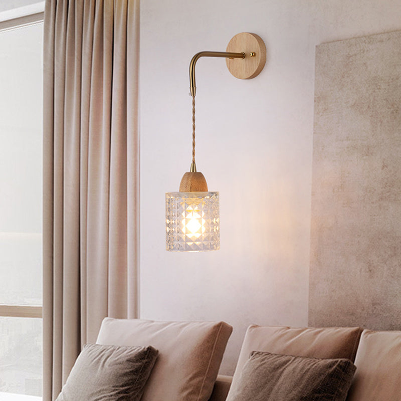 Modern Glass Wall Light Geometric Shape Wall Sconce with Wood for Living Room