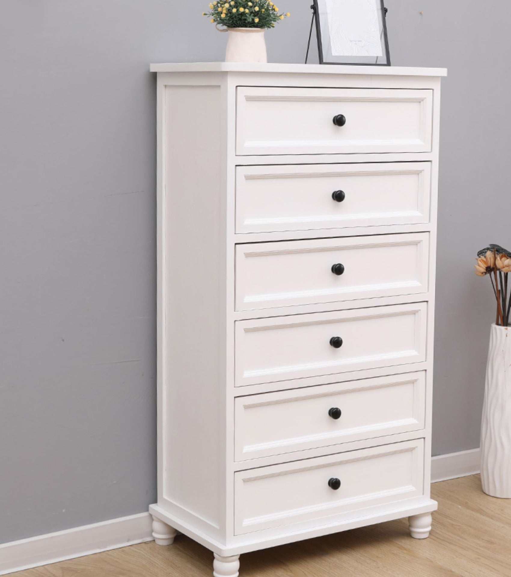 Contemporary White Accent Chest with Drawers and Solid Wood Bun Feet