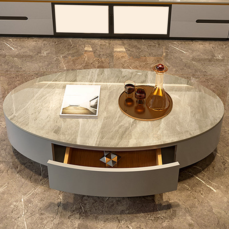 Glam Slate Coffee Table Oval Pedestal Coffee Table with Drawer