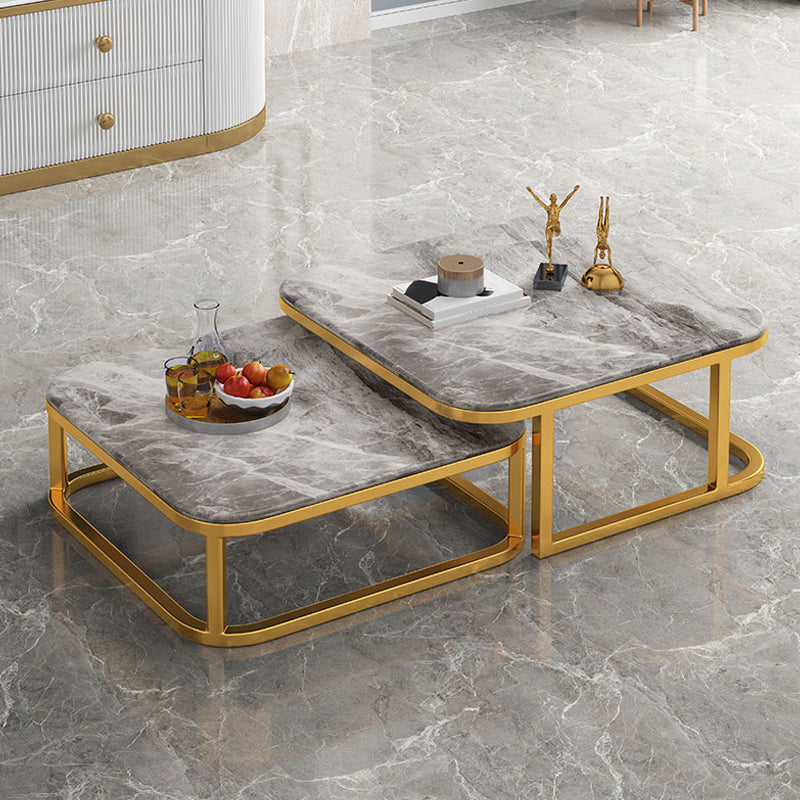 2 Pieces Stone Coffee Table Square Frame Cocktail Table Set with Storage