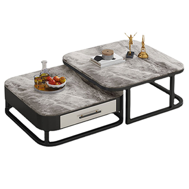 2 Pieces Stone Coffee Table Square Frame Cocktail Table Set with Storage