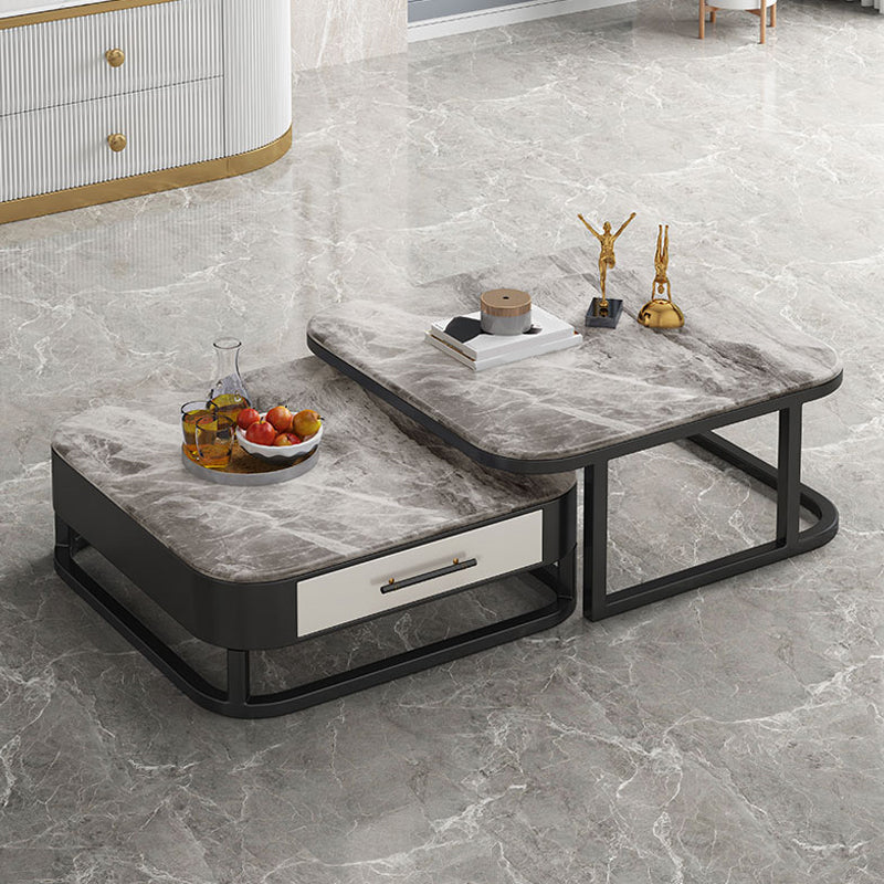 2 Pieces Stone Coffee Table Square Frame Cocktail Table Set with Storage