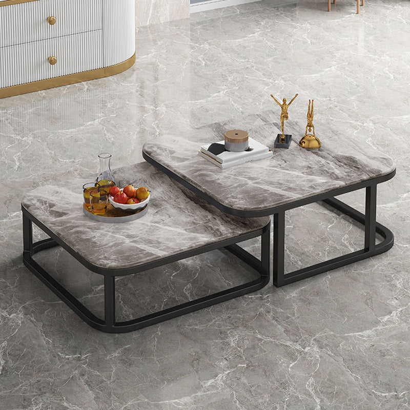 2 Pieces Stone Coffee Table Square Frame Cocktail Table Set with Storage
