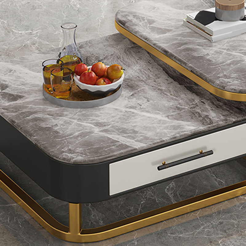 2 Pieces Stone Coffee Table Square Frame Cocktail Table Set with Storage