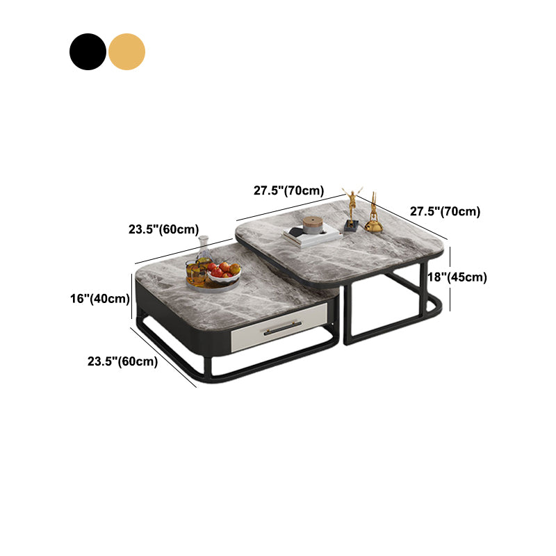 2 Pieces Stone Coffee Table Square Frame Cocktail Table Set with Storage
