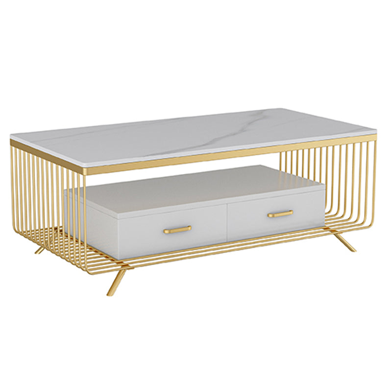 Rectangular Stone 4 Legs Coffee Cocktail Table with 2 Drawers