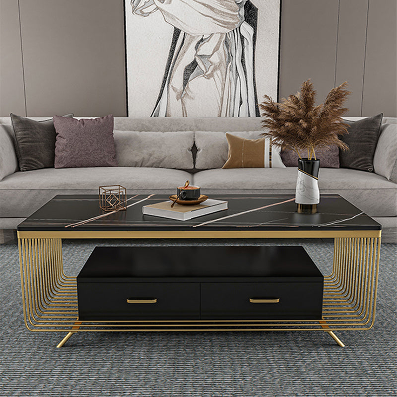 Rectangular Stone 4 Legs Coffee Cocktail Table with 2 Drawers