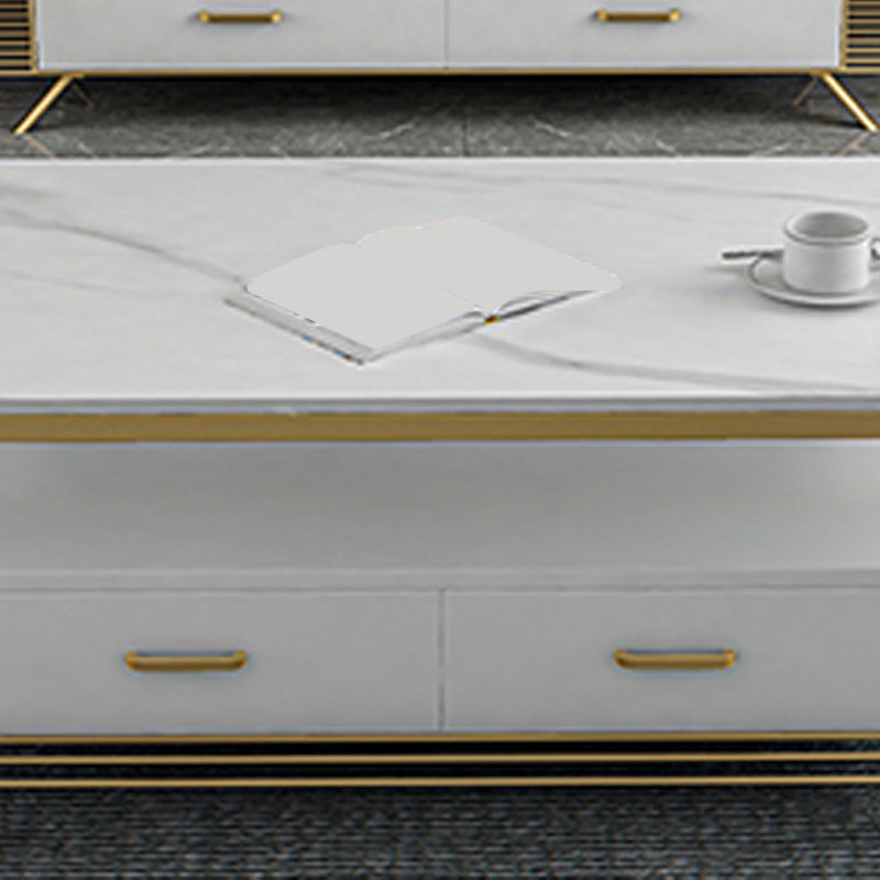 Rectangular Stone 4 Legs Coffee Cocktail Table with 2 Drawers