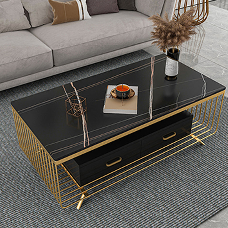 Rectangular Stone 4 Legs Coffee Cocktail Table with 2 Drawers