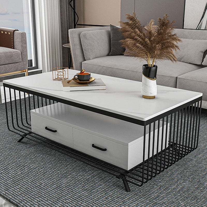 Rectangular Stone 4 Legs Coffee Cocktail Table with 2 Drawers