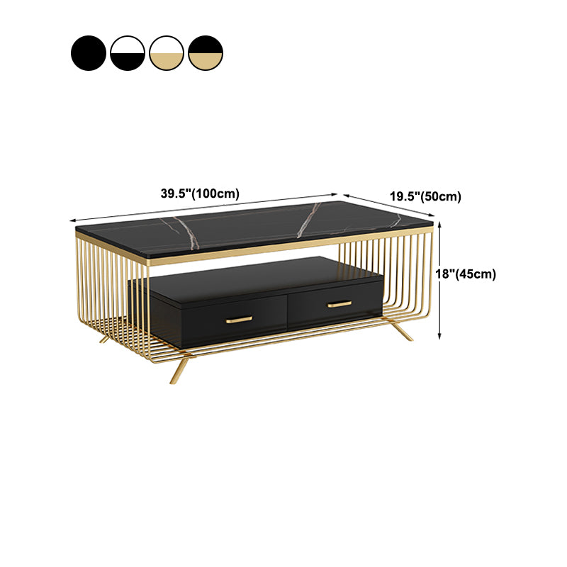 Rectangular Stone 4 Legs Coffee Cocktail Table with 2 Drawers