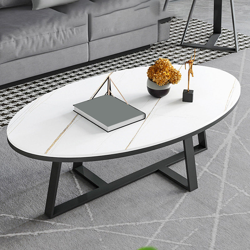 Glam Oval Stone Top Coffee Table with Iron Cross Base 17.71" High
