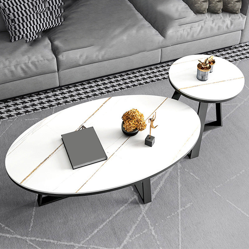 Glam Oval Stone Top Coffee Table with Iron Cross Base 17.71" High