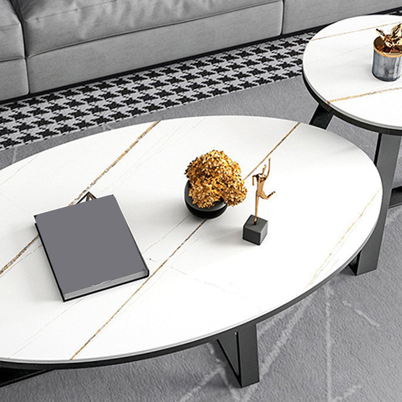 Glam Oval Stone Top Coffee Table with Iron Cross Base 17.71" High