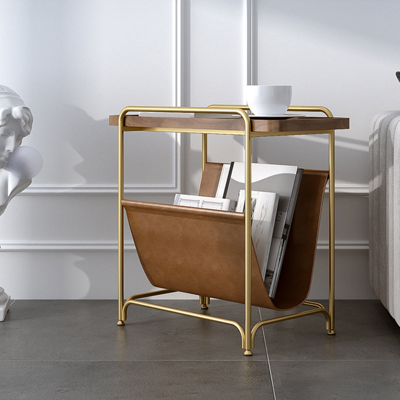 Rectangle Wood Top Side Table Iron Frame End Table with Magazine Holder