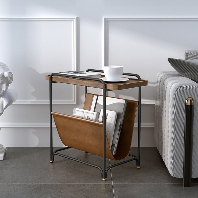 Rectangle Wood Top Side Table Iron Frame End Table with Magazine Holder