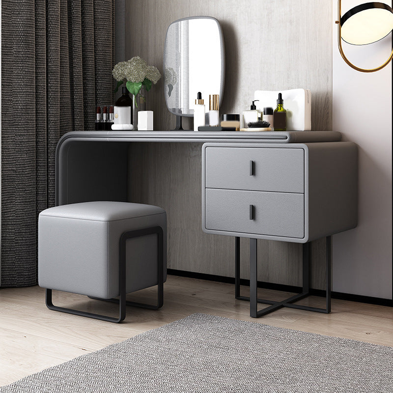 Faux Leather Vanity Makeup Dressing Table Set with Stool & Mirror - 39.37" W