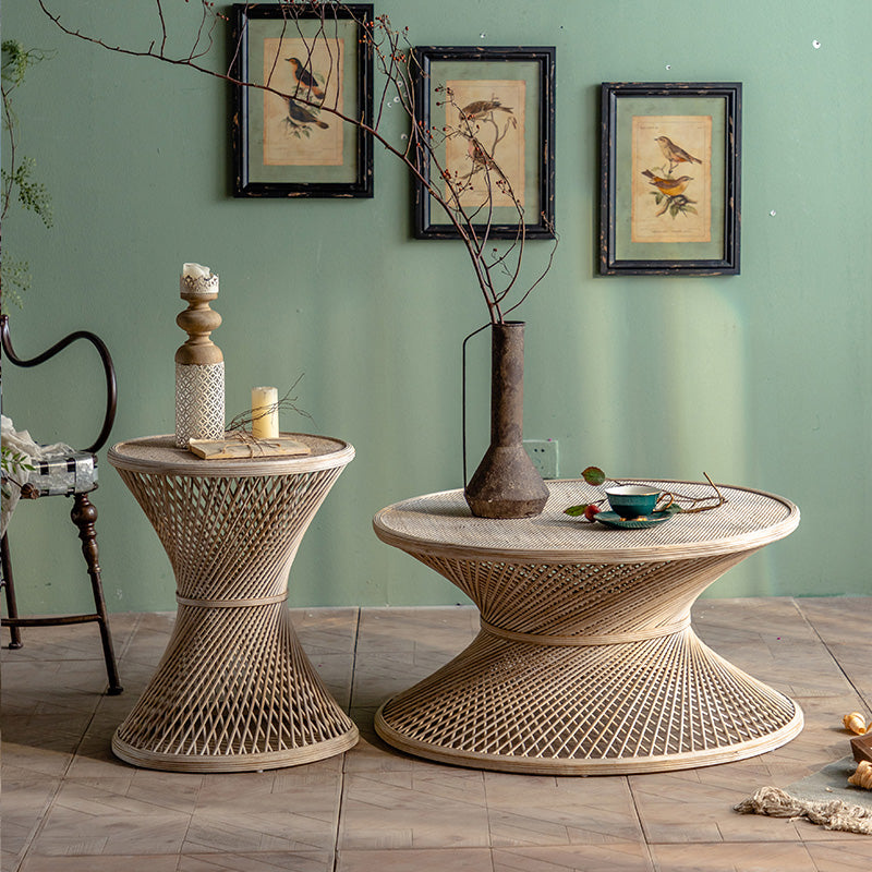 Round Rattan Top Side Table 16.53" /22.05" Tall Wood Pedestal End Table