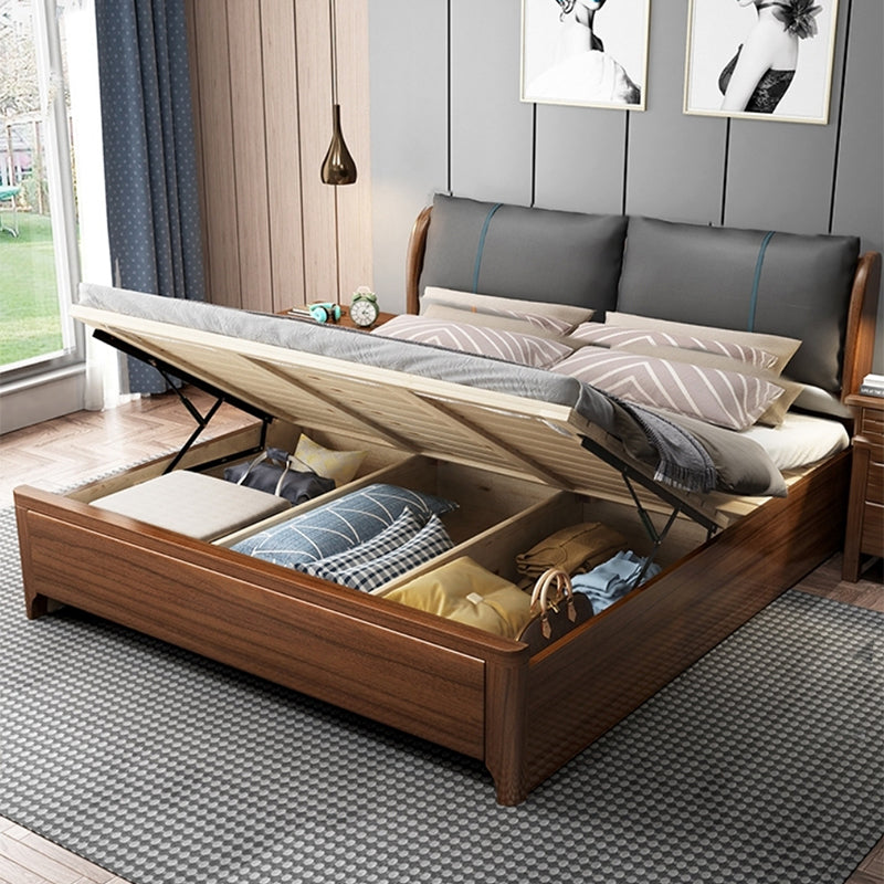 84.65 inch Wide Contemporary Bed Frame Walnut Bed with Headboard