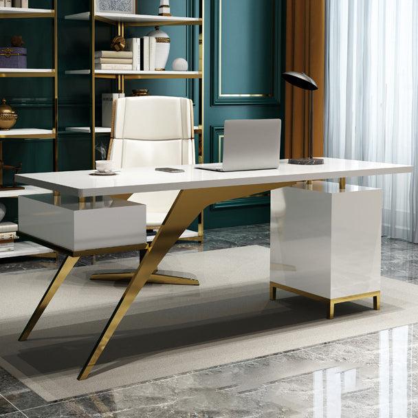 White and Black Writing Desk Glam Stone Pedestal Office Desk with File Cabinet