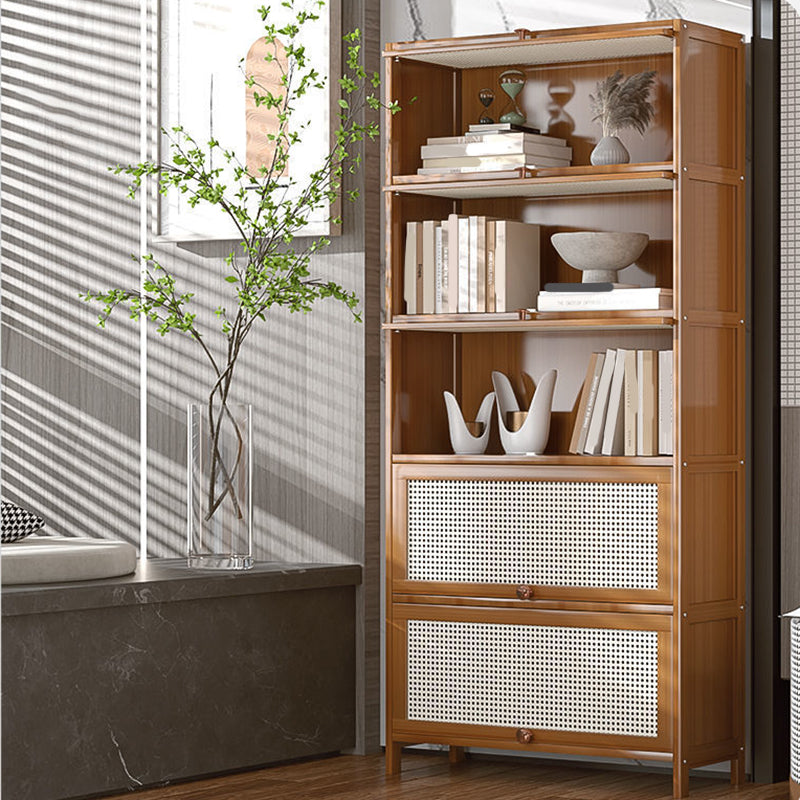 13" Wide Wooden Bookcase Bamboo Light Brown Bookshelf with Doors