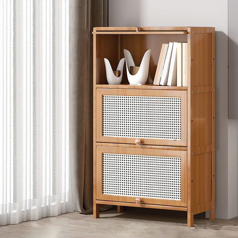 13" Wide Wooden Bookcase Bamboo Light Brown Bookshelf with Doors