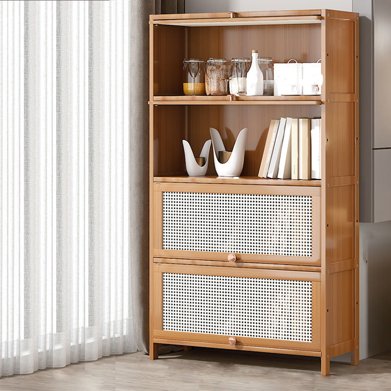 13" Wide Wooden Bookcase Bamboo Light Brown Bookshelf with Doors